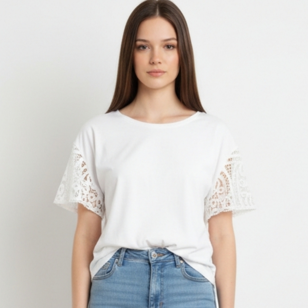 Women's Lace Sleeve Short Sleeve Tee - White
